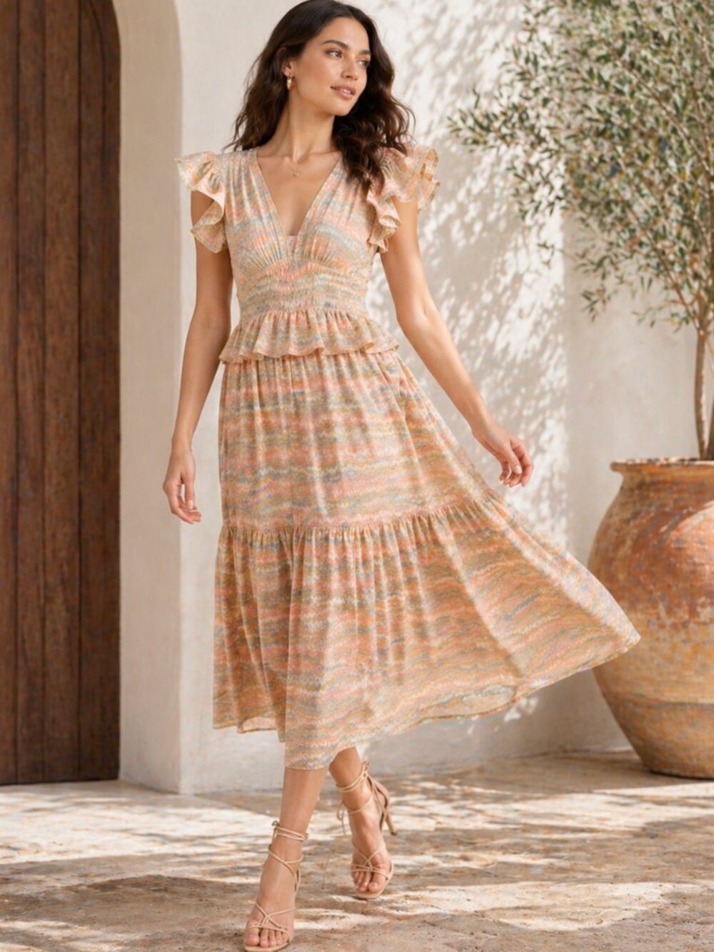 ULLA JOHNSON Bendetta 100% Silk Short Sleeve V-neck Ruffle Dress In Opal